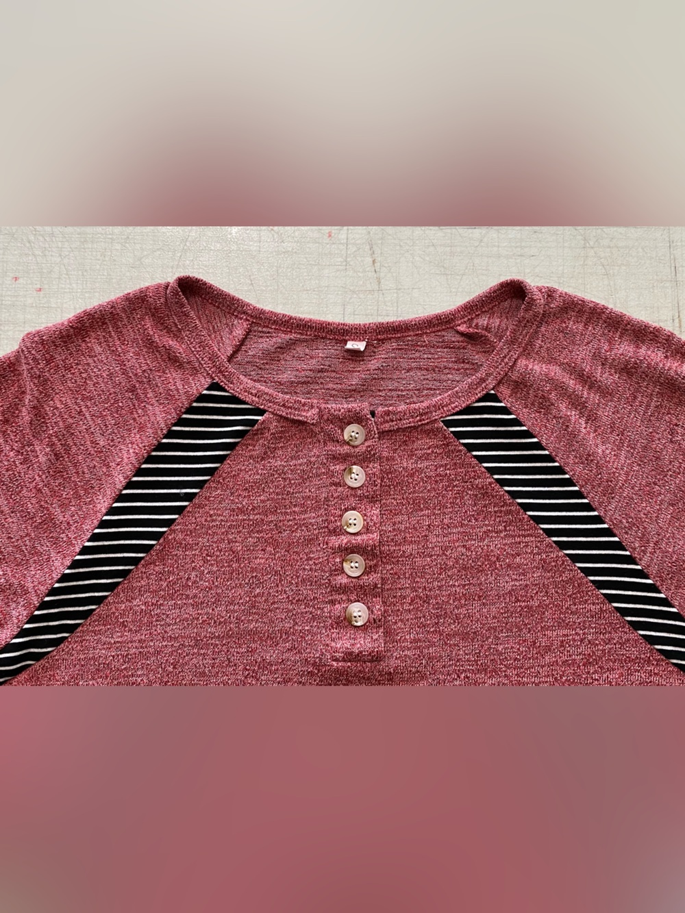 Striped Sleeve Henley Pullover - Dusty Rose & Black - Picture 4 of 9